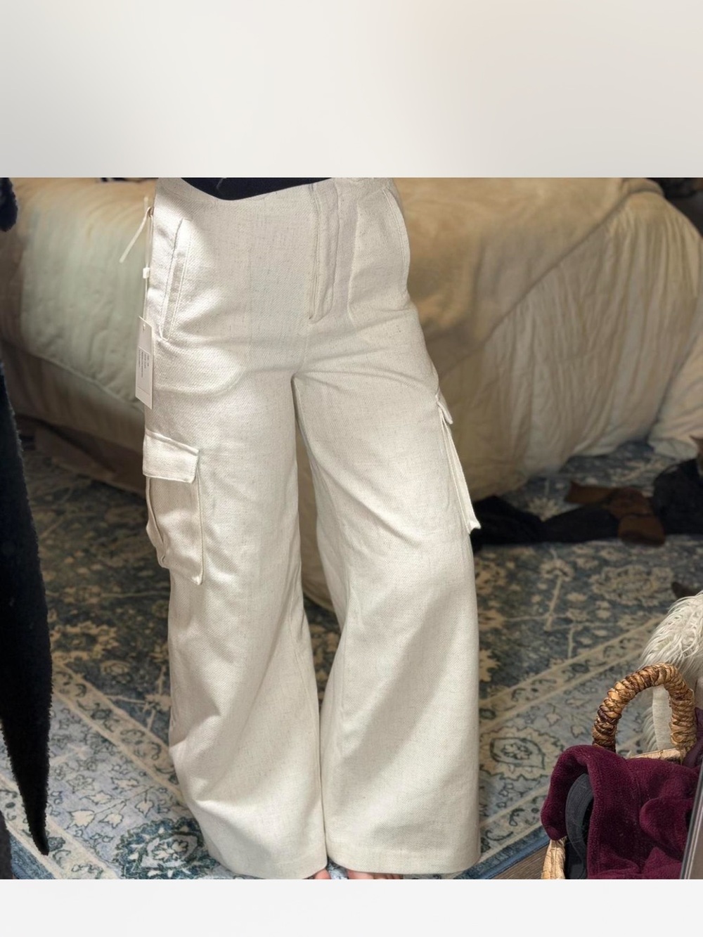 Ronny Kobo Collection Wide Leg Cargo Pants in Cream